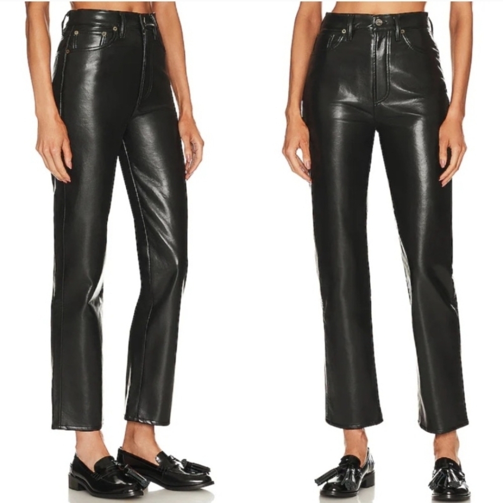 AGOLDE Riley Long Faux Leather Pants Size 28 Black Recycled Leather High Rise